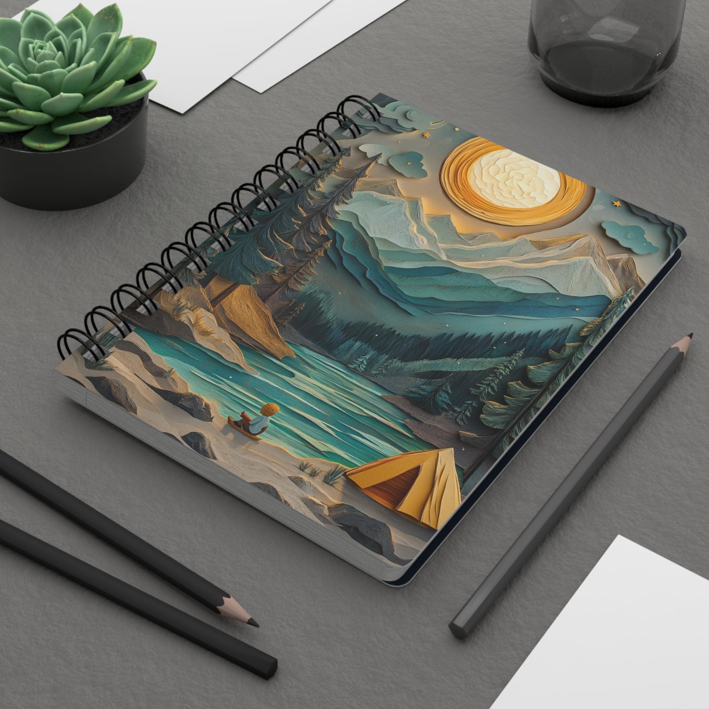 Moonlit Camping Adventure 01 Spiral Bound Journal Notebook - Dreamy Nature Scene with Tent and Mountains for Writers and Nature Lovers