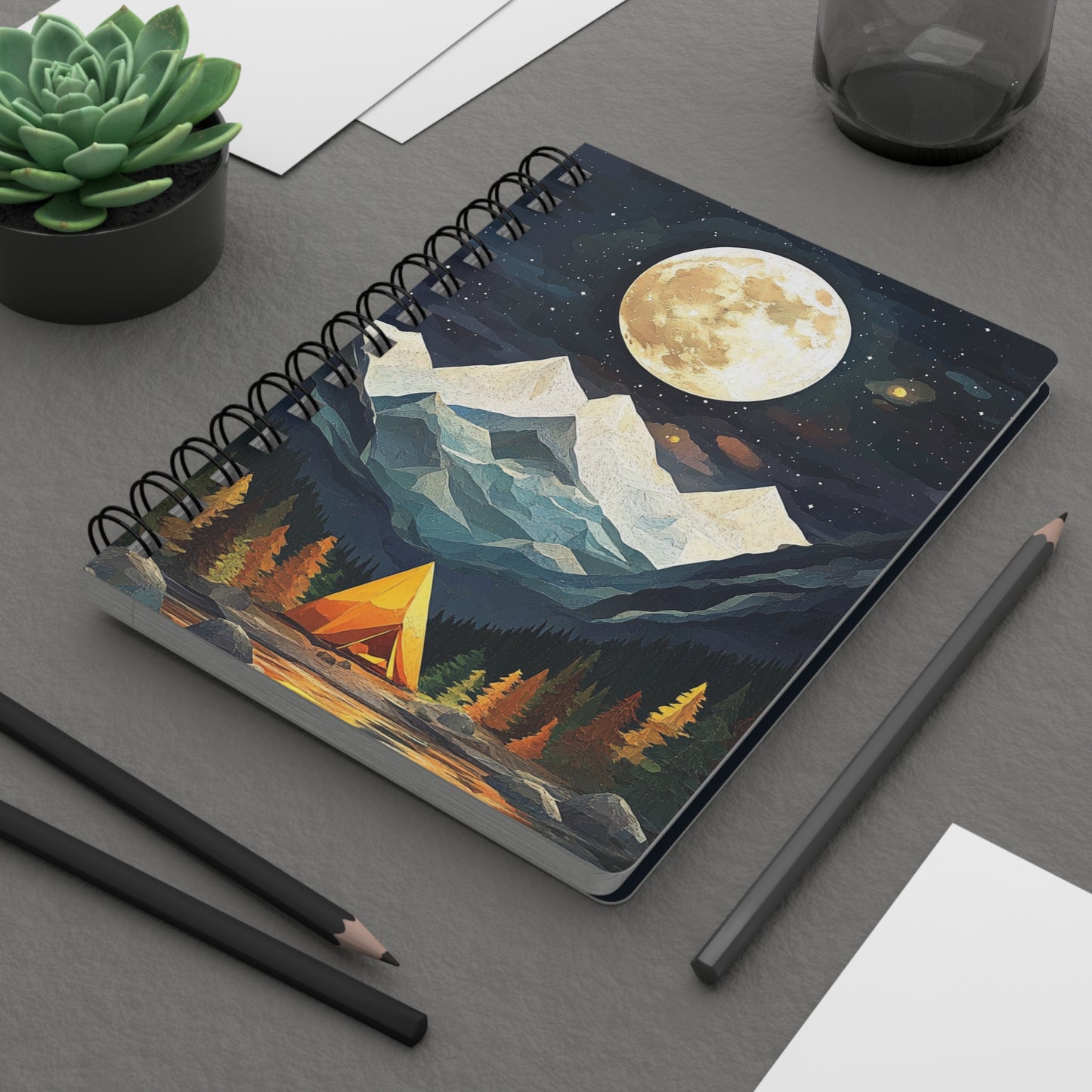 Moonlit Camping Adventure 02 Spiral Bound Journal Notebook - Dreamy Nature Scene with Tent and Mountains for Writers and Nature Lovers