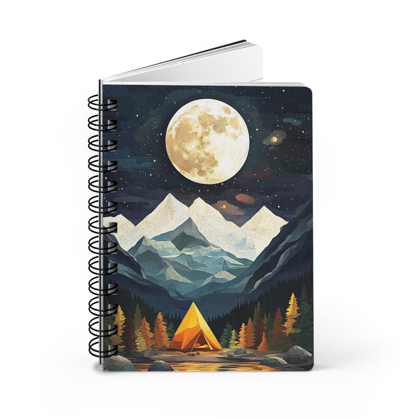 Moonlit Camping Adventure 02 Spiral Bound Journal Notebook - Dreamy Nature Scene with Tent and Mountains for Writers and Nature Lovers