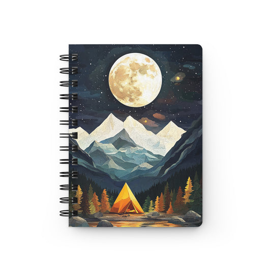 Moonlit Camping Adventure 02 Spiral Bound Journal Notebook - Dreamy Nature Scene with Tent and Mountains for Writers and Nature Lovers